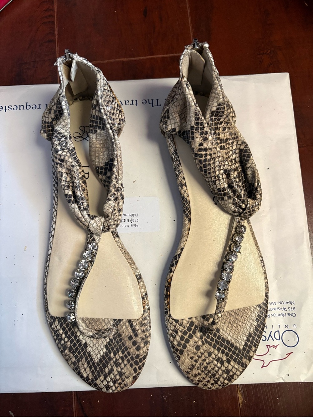 Snake-Print Crystal T-Strap Women’s Sandals - Beige